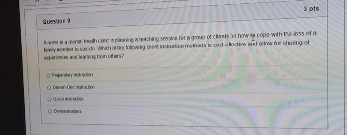 3 Pts Question 9 Anurse In A Mental Health Clinic Is Planning A Teaching Session For A Group Of Clients On How To Cope W 1