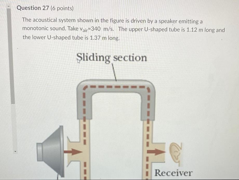 Question 27 6 Points The Acoustical System Shown In The Figure Is Driven By A Speaker Emitting A Monotonic Sound Take 1