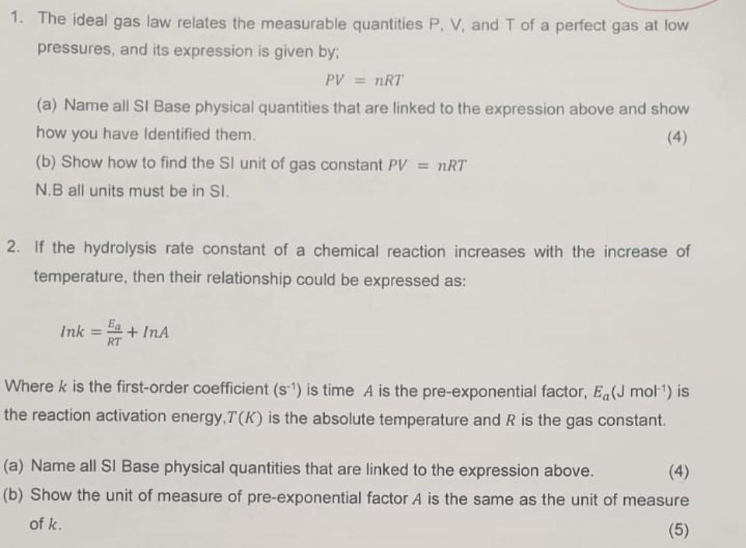 1 The Ideal Gas Law Relates The Measurable Quantities P V And T Of A Perfect Gas At Low Pressures And Its Expression 1
