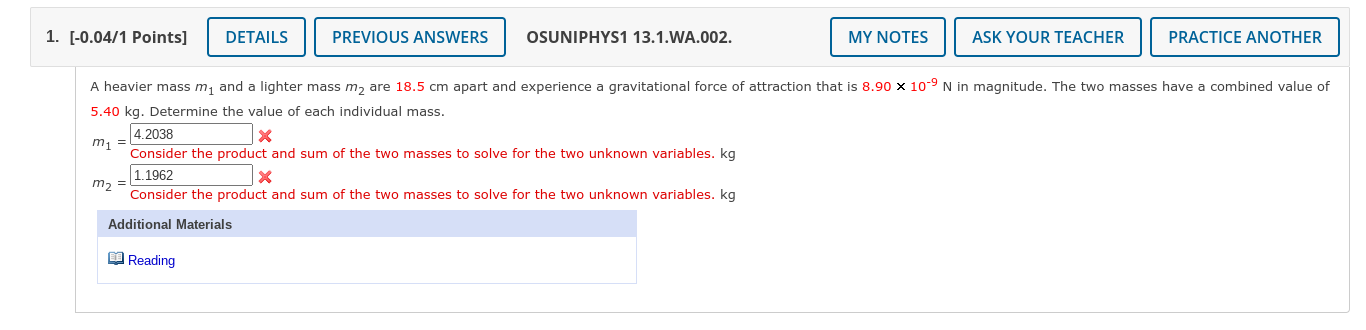 1 0 04 1 Points Details Previous Answers M Osuniphys1 13 1 Wa 002 4 2038 Consider The Product And Sum Of The Two M 1