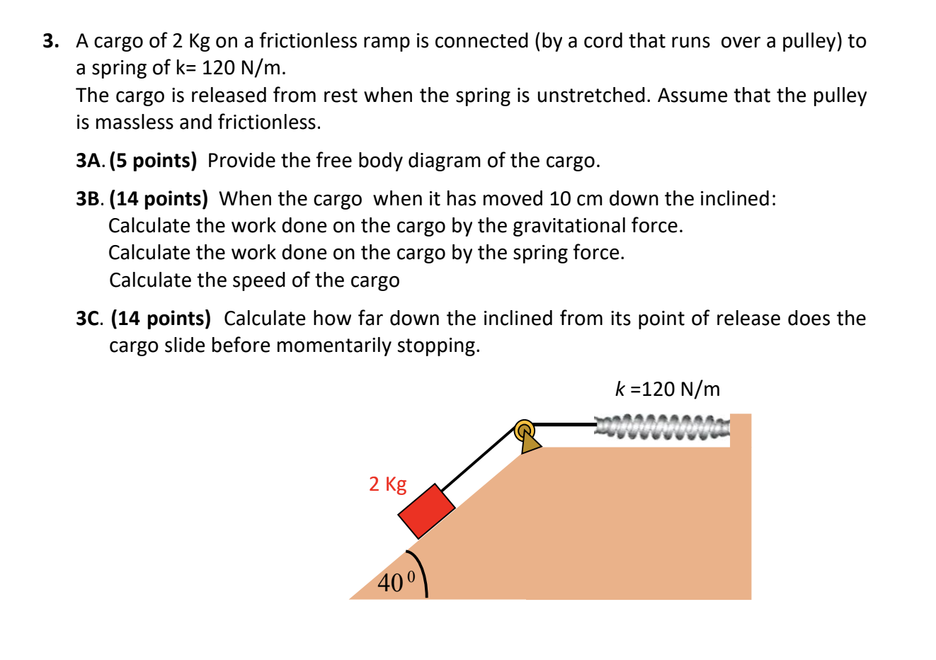 3 A Cargo Of 2 Kg On A Frictionless Ramp Is Connected By A Cord That Runs Over A Pulley To A Spring Of K 120 N M Th 1