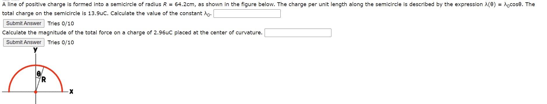 A Line Of Positive Charge Is Formed Into A Semicircle Of Radius R 64 2cm As Shown In The Figure Below The Charge Per 1