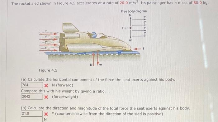 The Rocket Sled Shown In Figure 4 5 Accelerates At A Rate Of 20 0 M S2 Its Passenger Has A Mass Of 80 0 Kg Free Body D 1