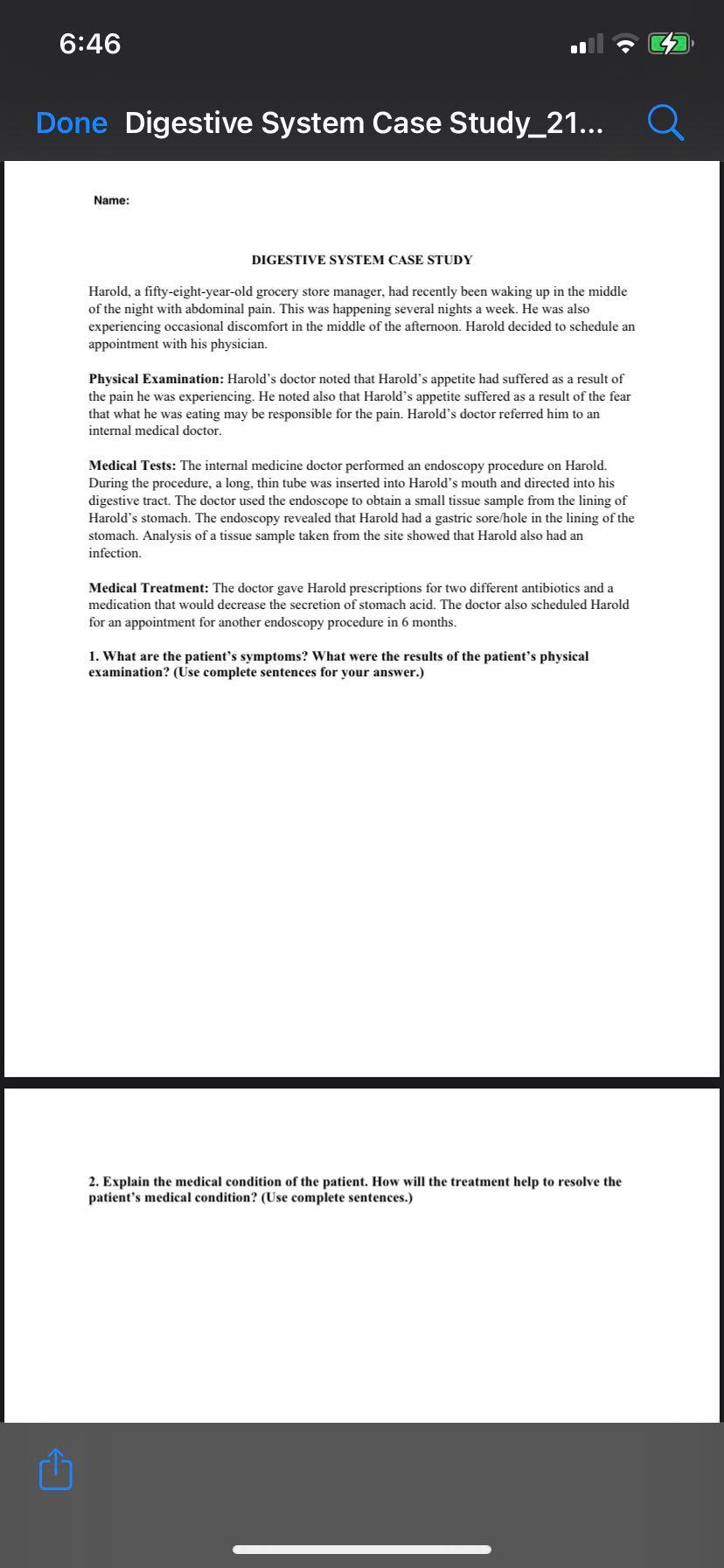 6 46 Go Done Digestive System Case Study 21 Q Name Digestive System Case Study Harold A Fifty Eight Year Old Grocer 1