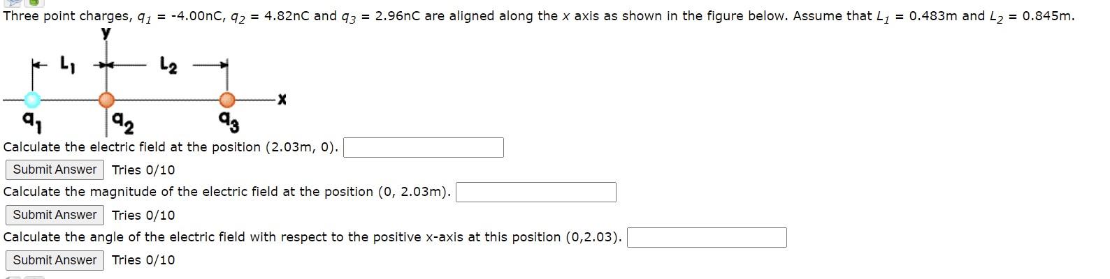 Three Point Charges Q1 4 00nc 92 4 82nc And 93 2 96nc Are Aligned Along The X Axis As Shown In The Figure Below 1