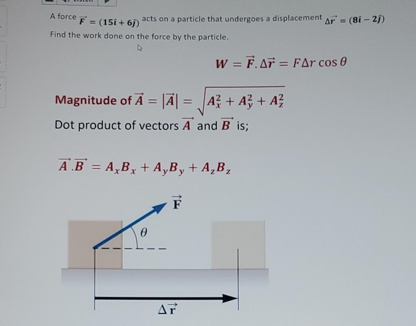 A Force F 15i 6j Acts On A Particle That Undergoes A Displacement Ar 8i 2j Find The Work Done On The Force By 1