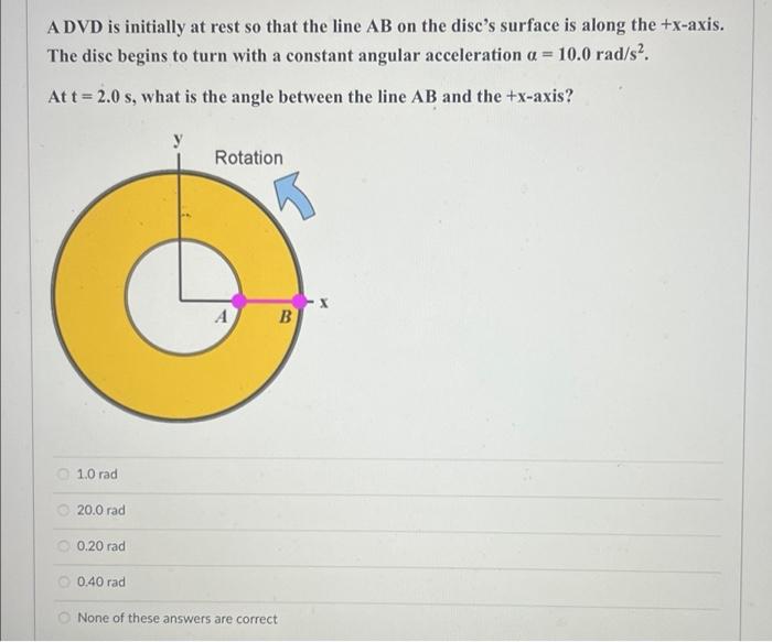 A Dvd Is Initially At Rest So That The Line Ab On The Disc S Surface Is Along The X Axis The Disc Begins To Turn With 1