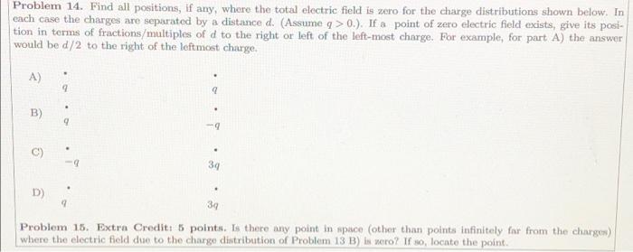 Problem 14 Find All Positions If Any Where The Total Electric Field Is Zero For The Charge Distributions Shown Below 1