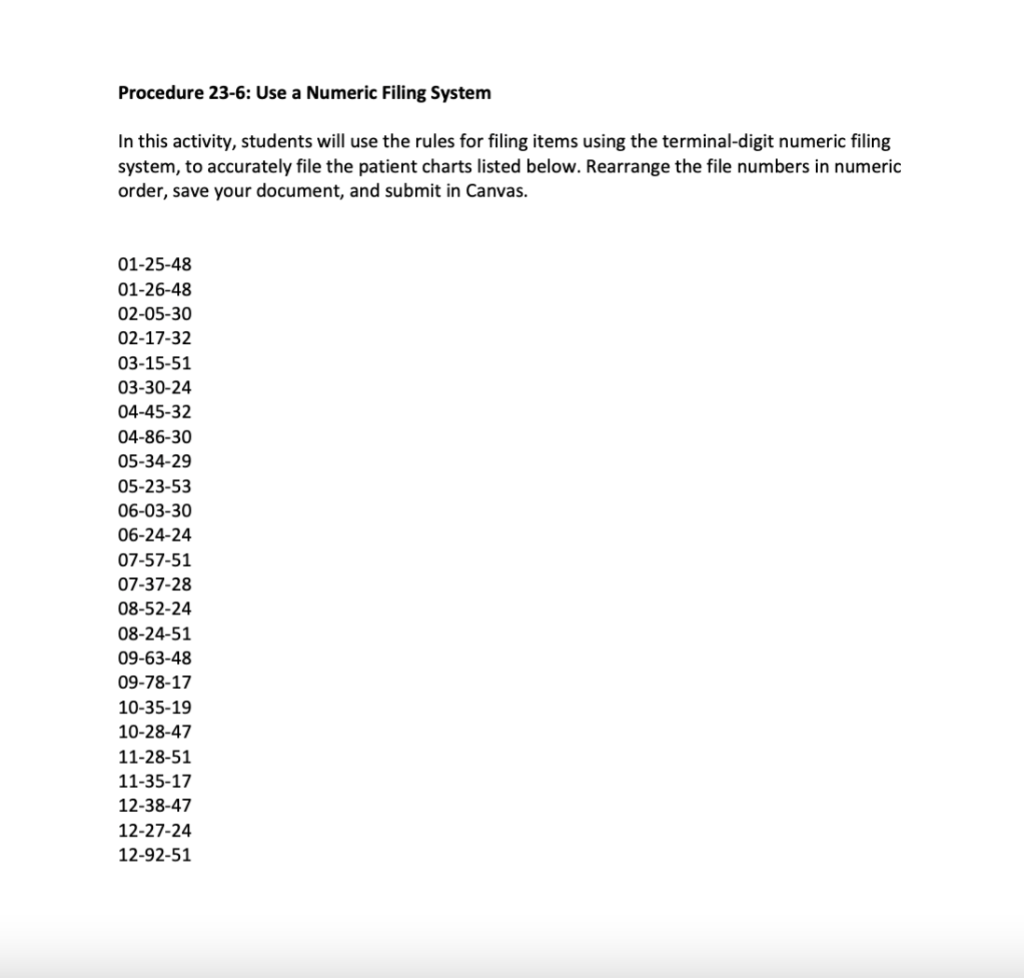 Procedure 23 6 Use A Numeric Filing System In This Activity Students Will Use The Rules For Filing Items Using The Ter 1