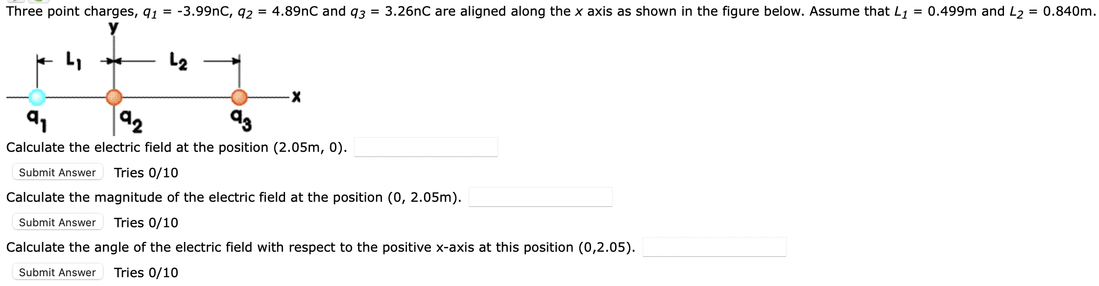 Three Point Charges Q1 3 99nc Q2 4 89nc And 93 4 L 3 26nc Are Aligned Along The X Axis As Shown In The Figure 1