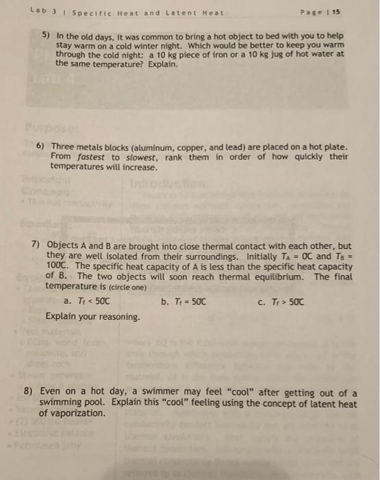 Questions 1 Show That The Units Are Consistent On Both Side Of The Heat Equations Q Mcat And Q Ml 2 Which One Or 2