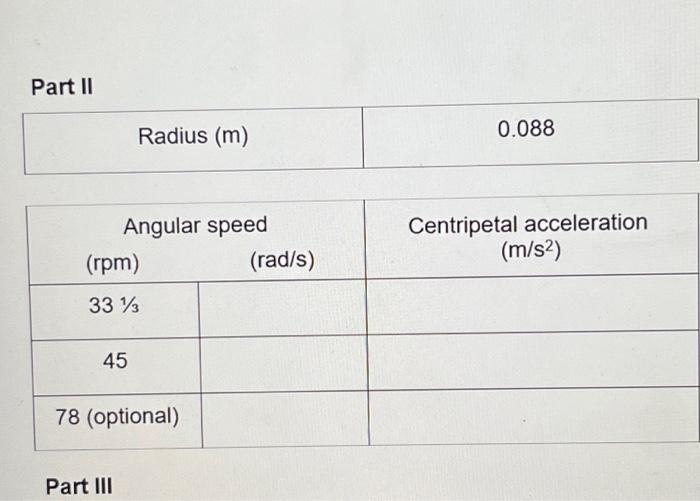 Part Ii Radius M Angular Speed Rpm 33 13 45 Part Iii 78 Optional Rad S 0 088 Centripetal Acceleration M S Ve 1