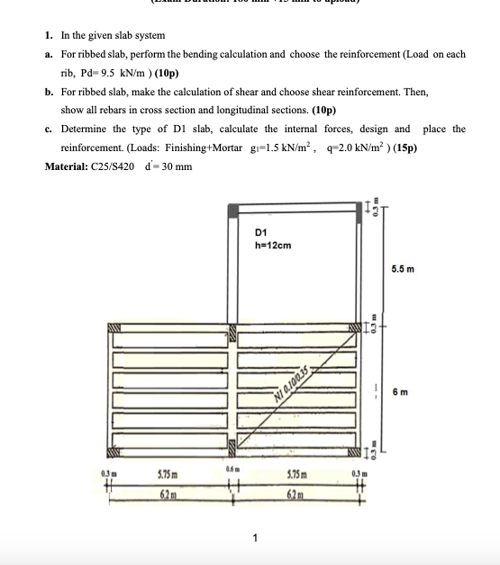 1 In The Given Slab System A For Ribbed Slab Perform The Bending Calculation And Choose The Reinforcement Load On Ea 1