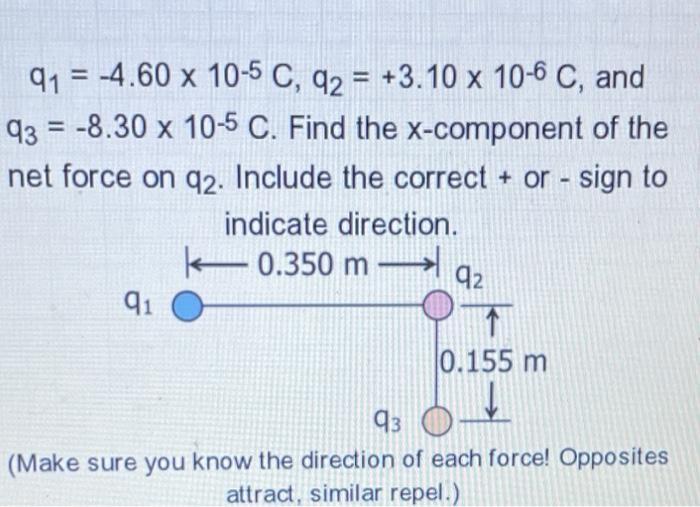 Q1 4 60 X 10 5 C Q2 3 10 X 10 6 C And Q3 8 30 X 10 5 C Find The Y Component Of The Net Force On Q2 Include 1