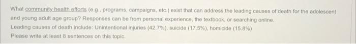 What Community Health Efforts E G Programs Campaigns Etc Exist That Can Address The Leading Causes Of Death For Th 1