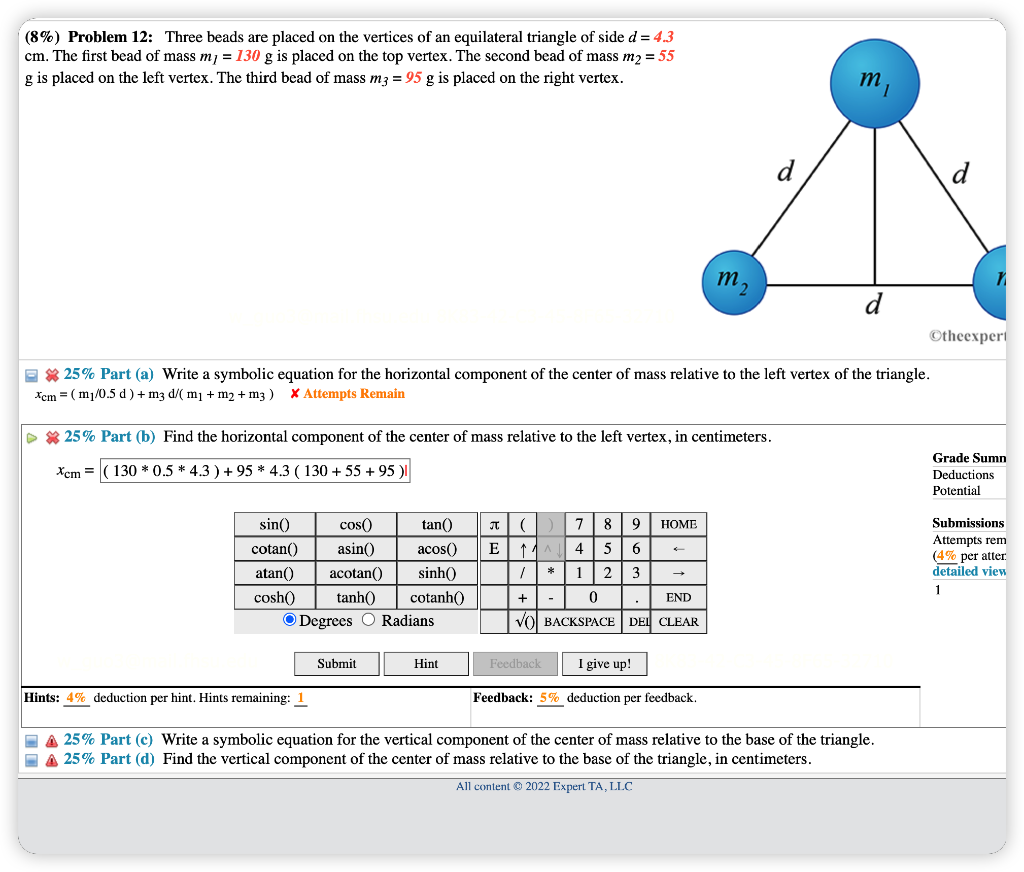 8 Problem 12 Three Beads Are Placed On The Vertices Of An Equilateral Triangle Of Side D 4 3 Cm The First Bead Of 1