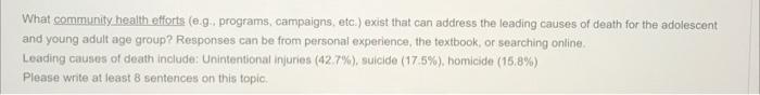 What Community Health Efforts 0 9 Programs Campaigns Etc Exist That Can Address The Leading Causes Of Death For Th 1