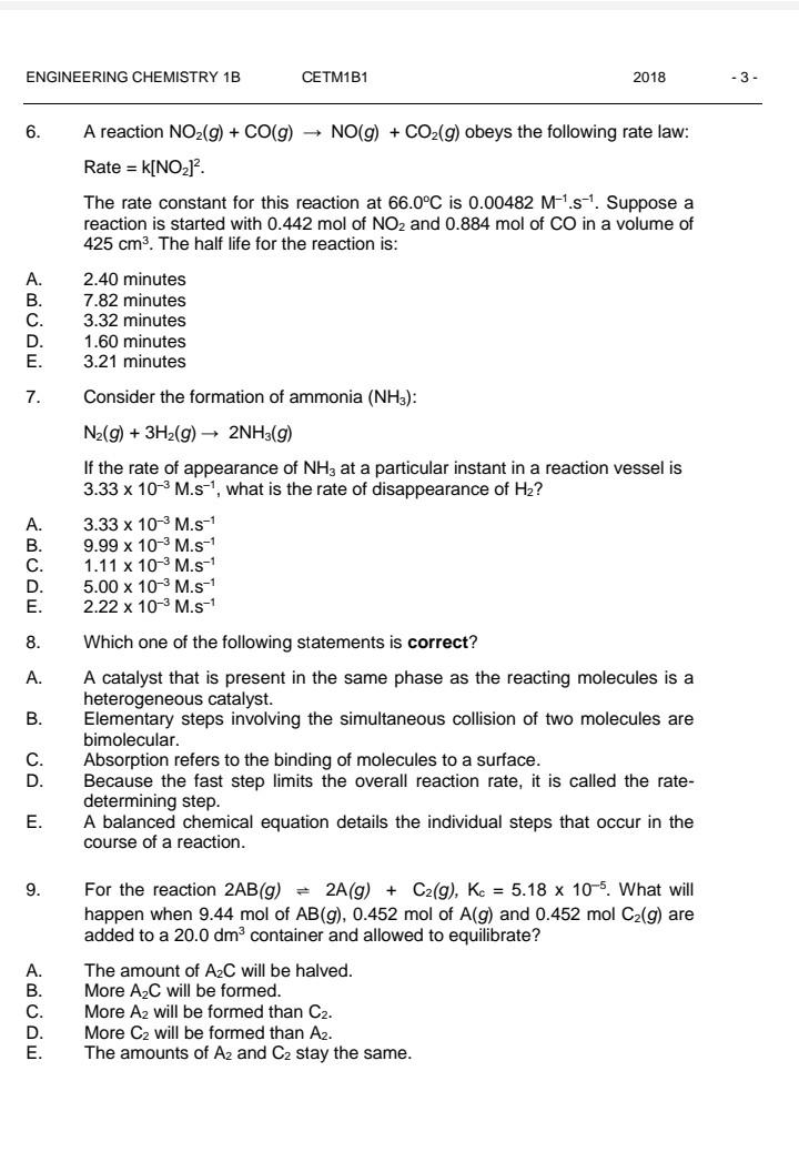 Engineering Chemistry 1b 6 Abcden C E A B C D E 8 A B C D E 9 Abcde A Reaction No G Co G No G C 1