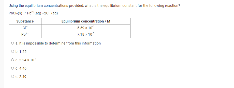 Using The Equilibrium Concentrations Provided What Is The Equilibrium Constant For The Following Reaction Pbcl S P 1
