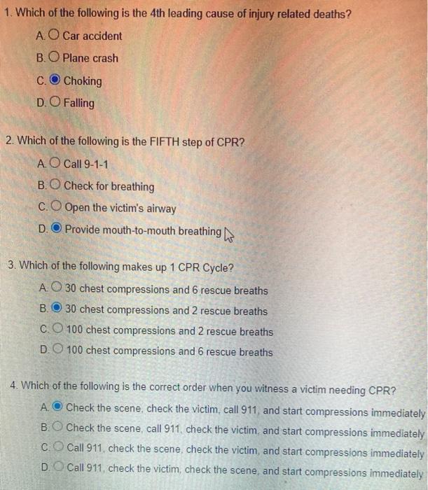 1 Which Of The Following Is The 4th Leading Cause Of Injury Related Deaths A O Car Accident B O Plane Crash C Choki 1