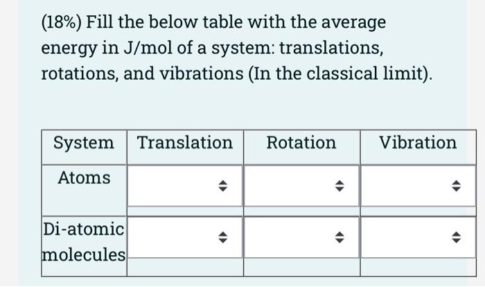 18 Fill The Below Table With The Average Energy In J Mol Of A System Translations Rotations And Vibrations In The 1