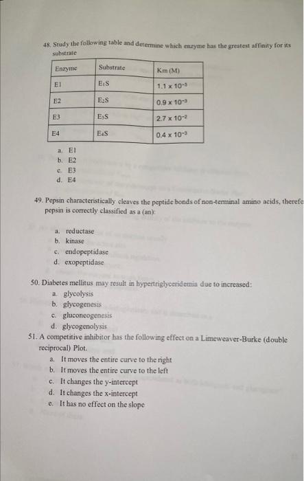 48 Study The Following Table And Determine Which Enzyme Has The Greatest Affinity For Its Substrate Enzyme El 62 E3 E4 1