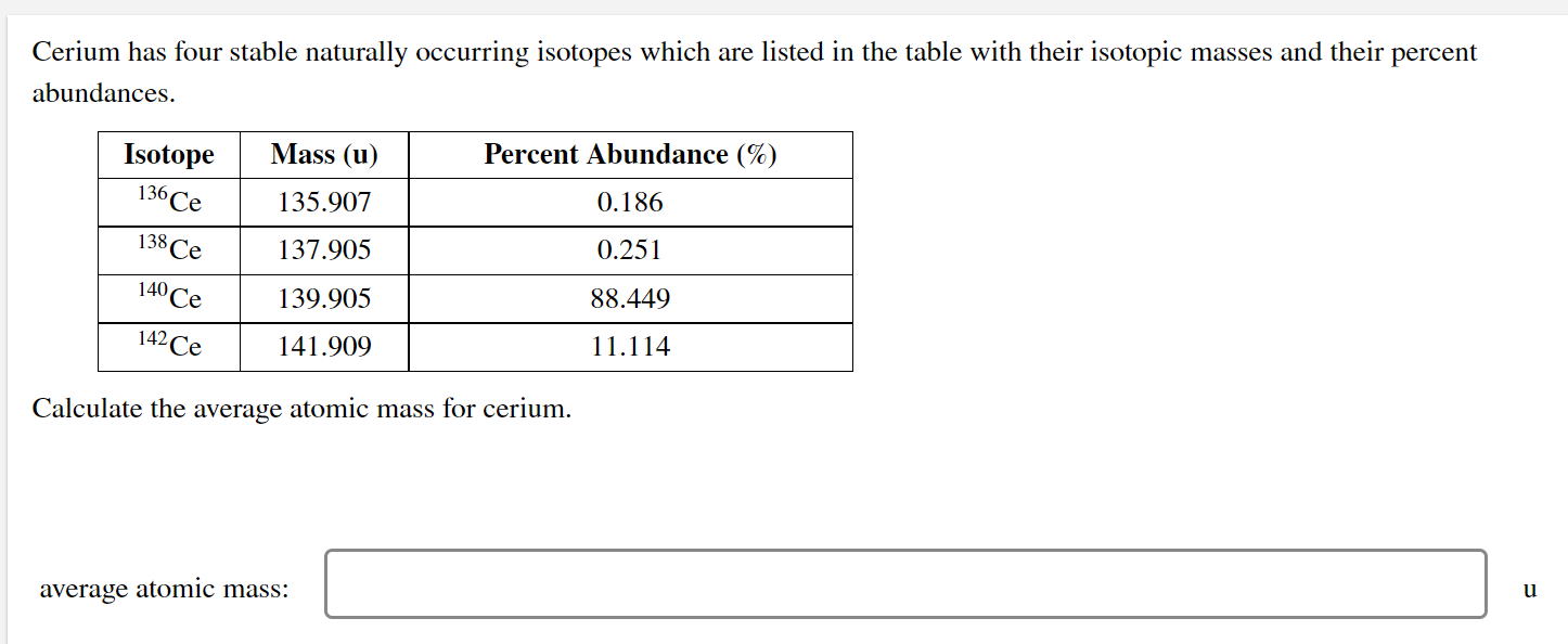 Cerium Has Four Stable Naturally Occurring Isotopes Which Are Listed In The Table With Their Isotopic Masses And Their P 1