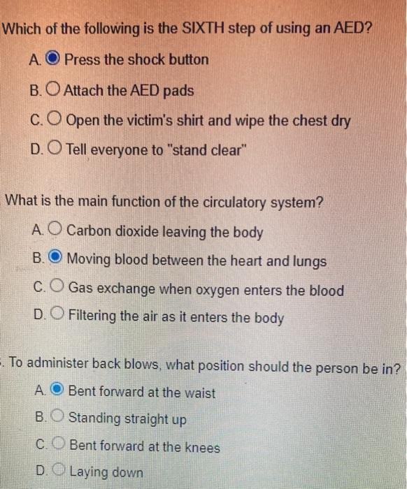 Which Of The Following Is The Sixth Step Of Using An Aed A O Press The Shock Button B O Attach The Aed Pads C O Open 1