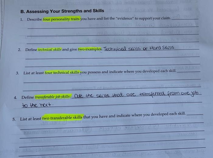B Assessing Your Strengths And Skills 1 Describe Four Personality Traits You Have And List The Evidence To Support Y 1