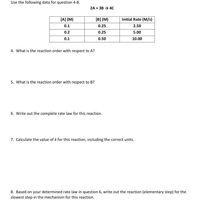 Use The Following Data For Question 4 8 A M 0 1 0 2 0 1 2a 3b 4c 4 What Is The Reaction Order With Respect To 1