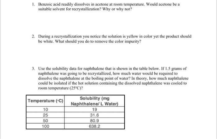 1 Benzoic Acid Readily Dissolves In Acetone At Room Temperature Would Acetone Be A Suitable Solvent For Recrystallizat 1
