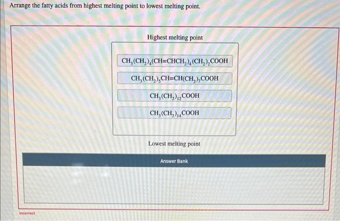 Arrange The Fatty Acids From Highest Melting Point To Lowest Melting Point Incorrect Highest Melting Point Ch Ch C 1