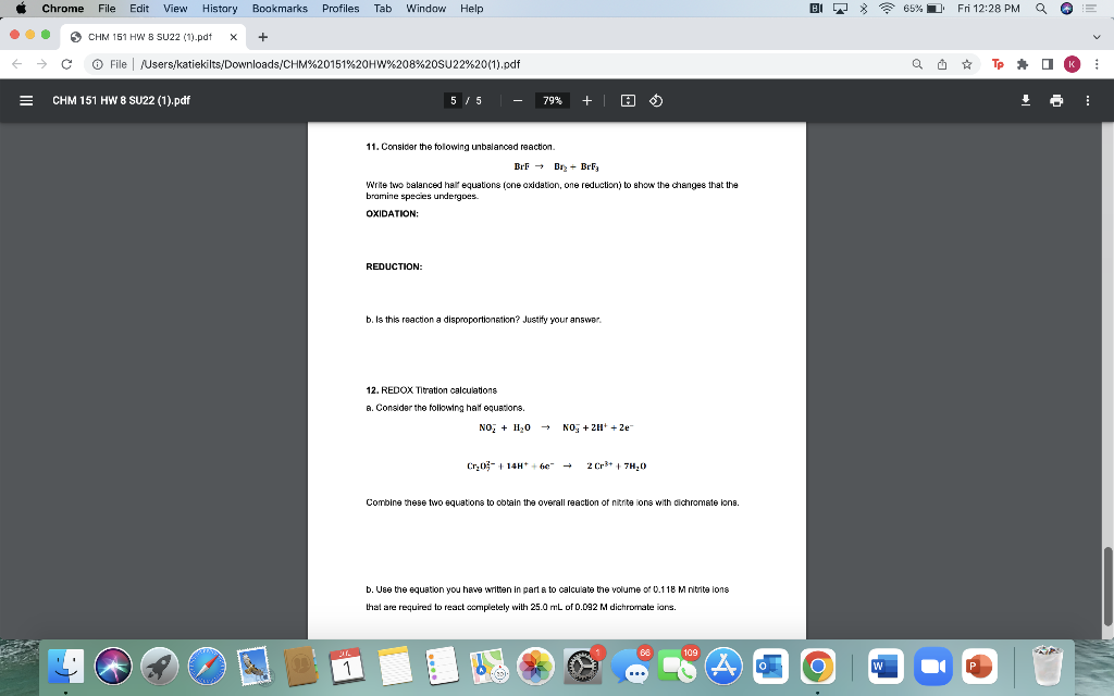 Chrome File Edit View History Bookmarks Profiles Tab Window Help F Chm 151 Hw 8 Su22 1 Pdf X C File Users Katie 1