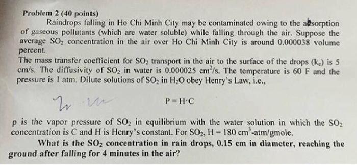 Problem 2 40 Points Raindrops Falling In Ho Chi Minh City May Be Contaminated Owing To The Absorption Of Gaseous Pollu 1
