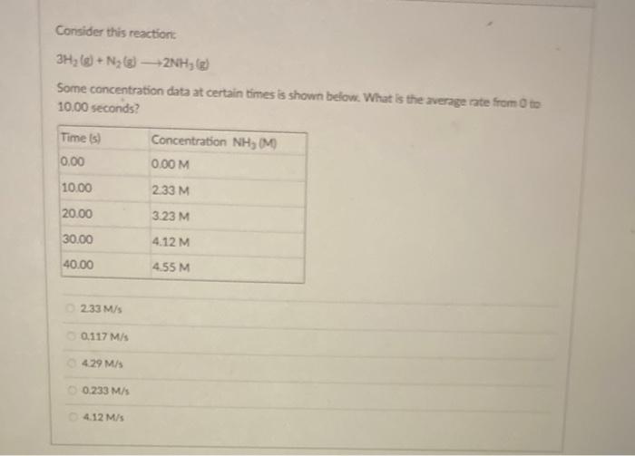 Consider This Reaction 3h G N G 2nh G Some Concentration Data At Certain Times Is Shown Below What Is The Avera 1