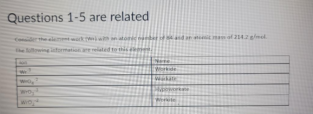 Questions 1 5 Are Related Consider The Element Work Wr With An Atomic Number Of 84 And An Atomic Mass Of 214 2 G Mol 1