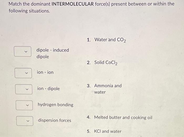 Match The Dominant Intermolecular Force S Present Between Or Within The Following Situations Dipole Induced Dipole 1