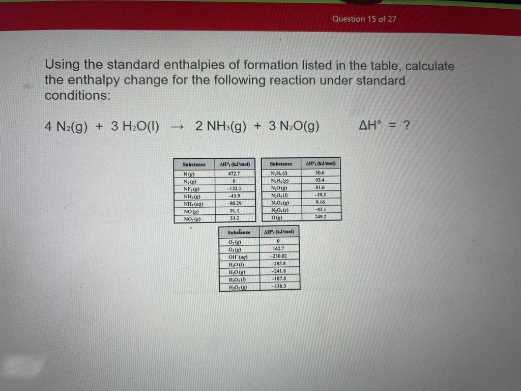 Using The Standard Enthalpies Of Formation Listed In The Table Calculate The Enthalpy Change For The Following Reaction 1