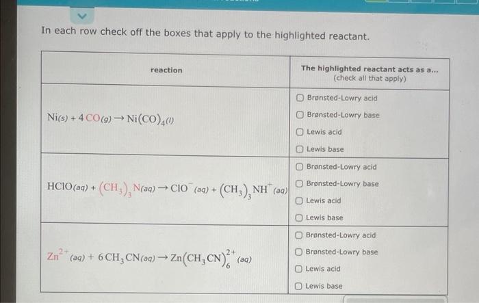 In Each Row Check Off The Boxes That Apply To The Highlighted Reactant Reaction Ni S 4 Co G Ni Co 4 1 Hcio Aq 2