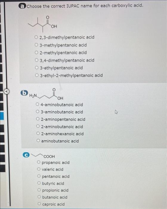 A Choose The Correct Iupac Name For Each Carboxylic Acid 4 B Oh O 2 3 Dimethylpentanoic Acid O 3 Methylpentanoic Acid O 1