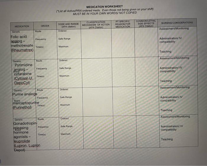 Medication Worksheet List All Active Prn Ordered Meds Even Those Not Being Given On Your Shift Must Be In Your Own W 1