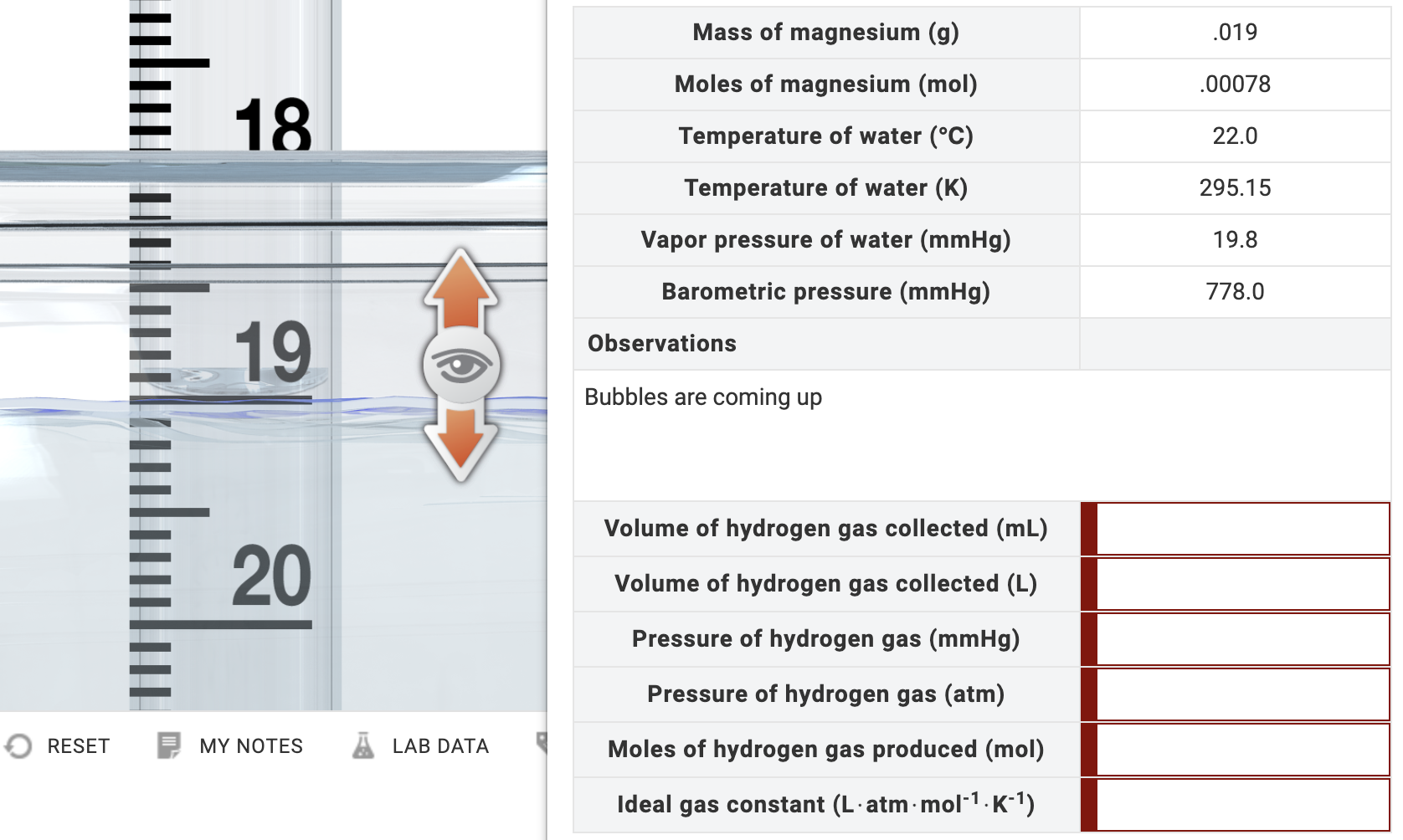 Reset 18 19 20 My Notes Lab Data Mass Of Magnesium G Moles Of Magnesium Mol Temperature Of Water C Temperature Of 1