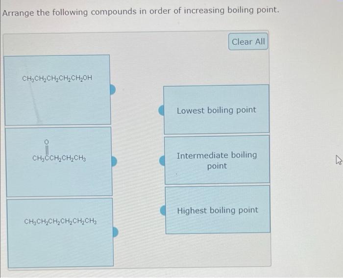 Arrange The Following Compounds In Order Of Increasing Boiling Point Ch Ch Ch Ch Ch Oh Ch Cch Ch Ch3 Ch Ch Ch Ch Ch Ch 1