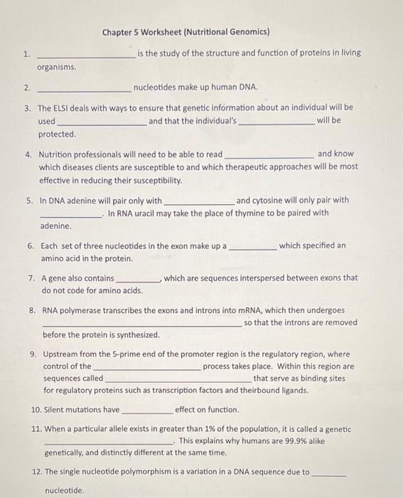 Chapter 5 Worksheet Nutritional Genomics 1 Is The Study Of The Structure And Function Of Proteins In Living Organisms 1
