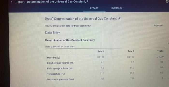 Report Determination Of The Universal Gas Constant R Report 9pts Determination Of The Universal Gas Constant R H 1