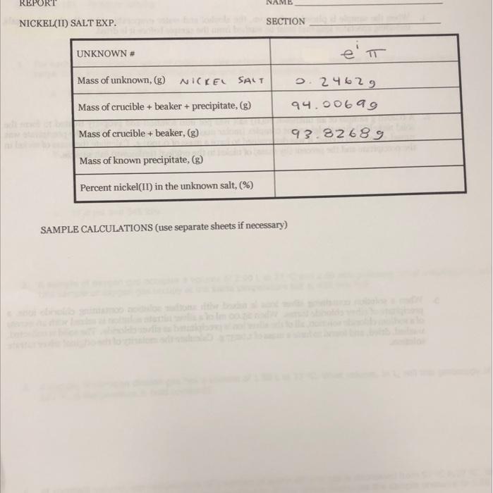 Report Nickel Ii Salt Exp Unknown Mass Of Unknown G Nickel Salt Mass Of Crucible Beaker Precipitate G Mass 1