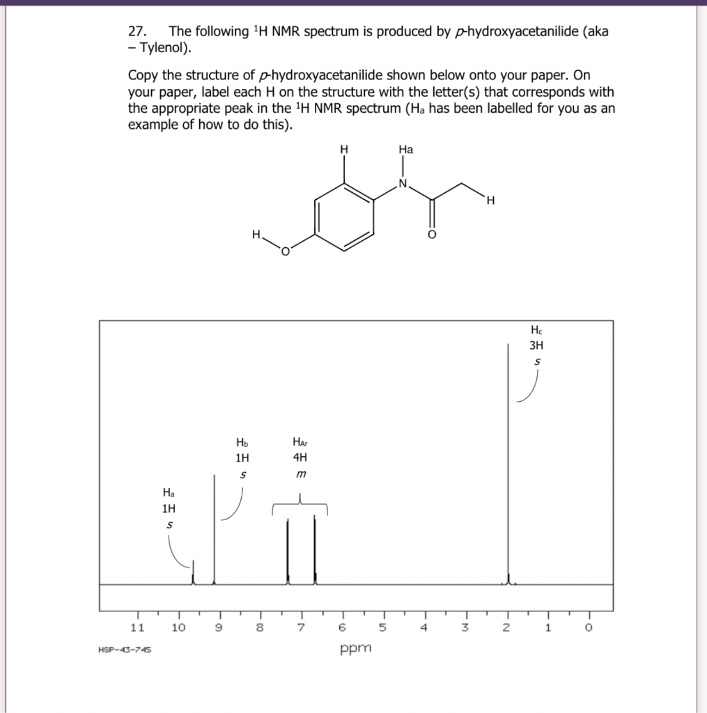27 The Following H Nmr Spectrum Is Produced By P Hydroxyacetanilide Aka Tylenol Copy The Structure Of P Hydroxyac 1