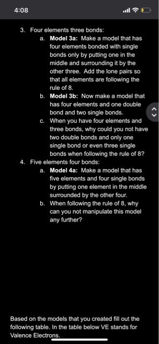4 08 3 Four Elements Three Bonds All D A Model 3a Make A Model That Has Four Elements Bonded With Single Bonds Only 1