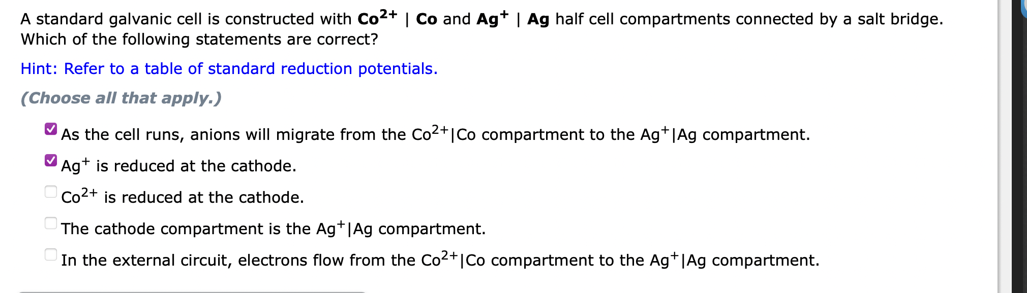 A Standard Galvanic Cell Is Constructed With Co Co And Ag Ag Half Cell Compartments Connected By A Salt Bridge W 1