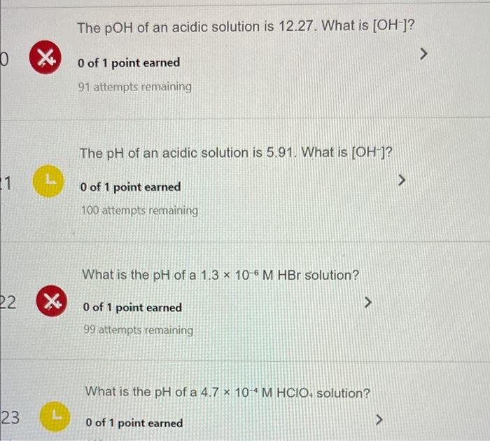 0 X 1 22 23 X The Poh Of An Acidic Solution Is 12 27 What Is Oh 0 Of 1 Point Earned 91 Attempts Remaining The Ph Of 1